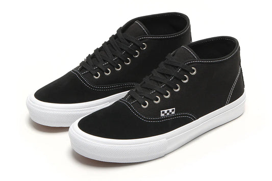 Vans Skate Authentic Mid Y28 black white skate shoe angled side view