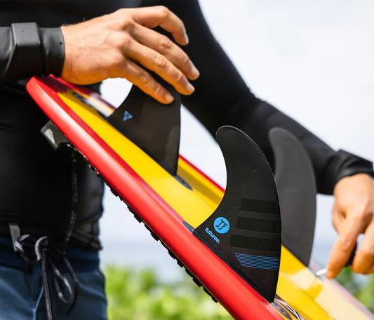 F4 JJF Alpha Tri Futures Fins installed on surfboard view