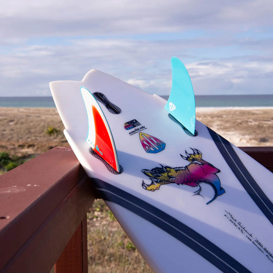 FCS II Mark Richards Freeride Twin Fin Set installed on surfboard view