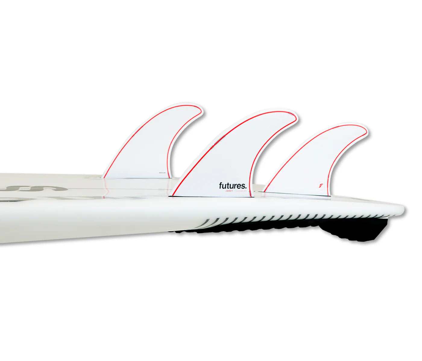Jordy Honeycomb Thruster Medium Futures Fins installed on surfboard view