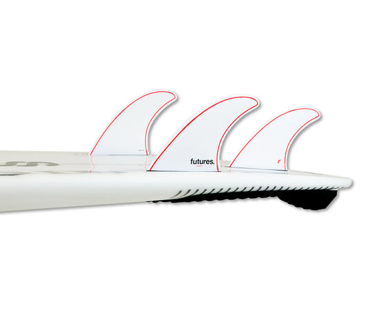 Jordy Honeycomb Thruster Medium Futures Fins installed on surfboard view