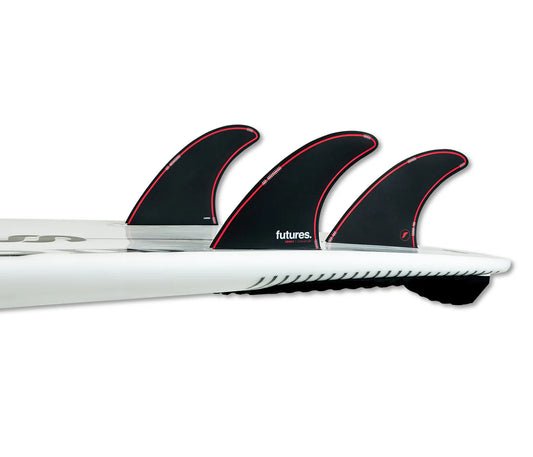 Jordy Signature Honeycomb Thruster Large Futures Fins installed on surfboard view