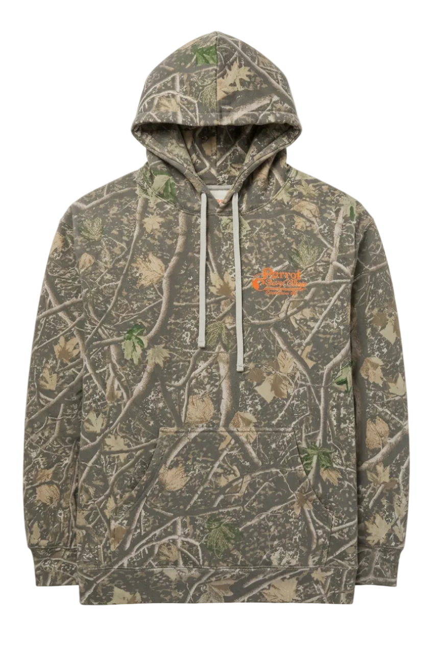 Parrot Camo Script Hoodie in Deadwood Tree Camo featuring small orange Parrot Surf Shop chest logo and front kangaroo pocket