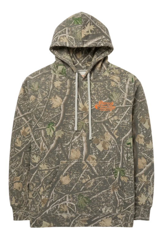 Parrot Camo Script Hoodie in Deadwood Tree Camo featuring small orange Parrot Surf Shop chest logo and front kangaroo pocket