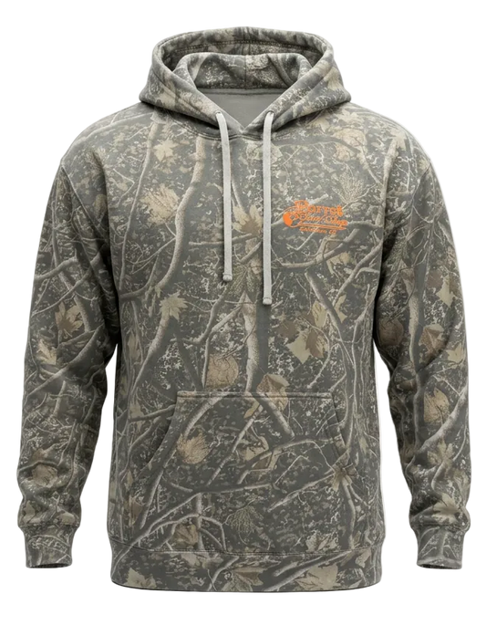 Parrot Camo Script Hoodie Youth back view featuring a large orange Parrot Surf Shop Charleston SC script logo on a woodland camouflage hoodie