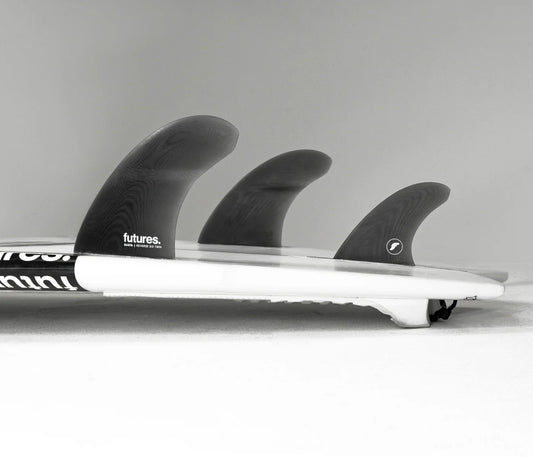Rasta FG Reverse 3/2 Twin + 1 Futures Fins installed on surfboard view