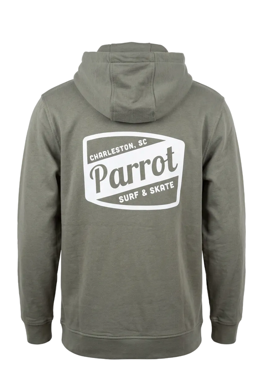Parrot Surf & Skate Work Hoodie in pine with white Charleston SC logo printed on the back