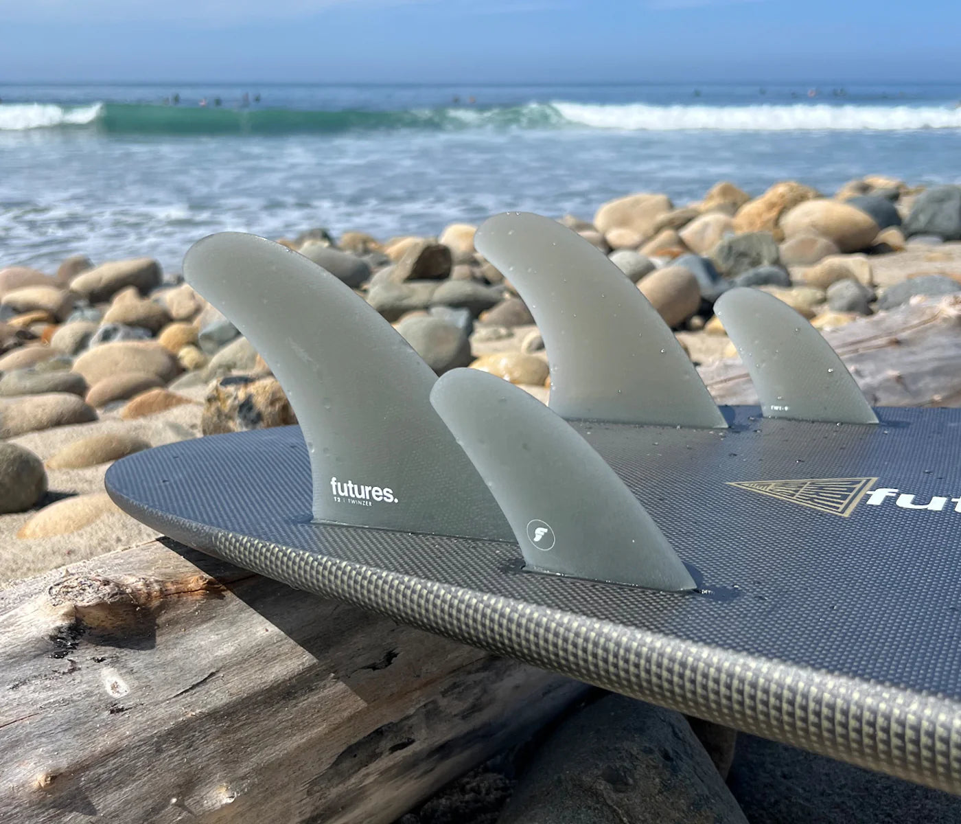 T2 Fiberglass Twinzer Set 9 Degree Futures Fins installed on surfboard view