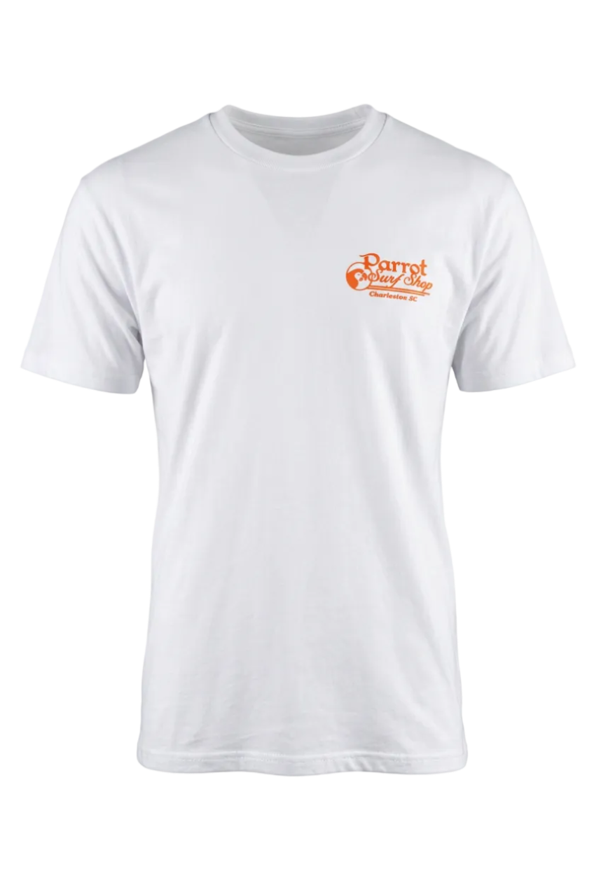 Parrot Surf Shop OG Script Tee front view with chest logo