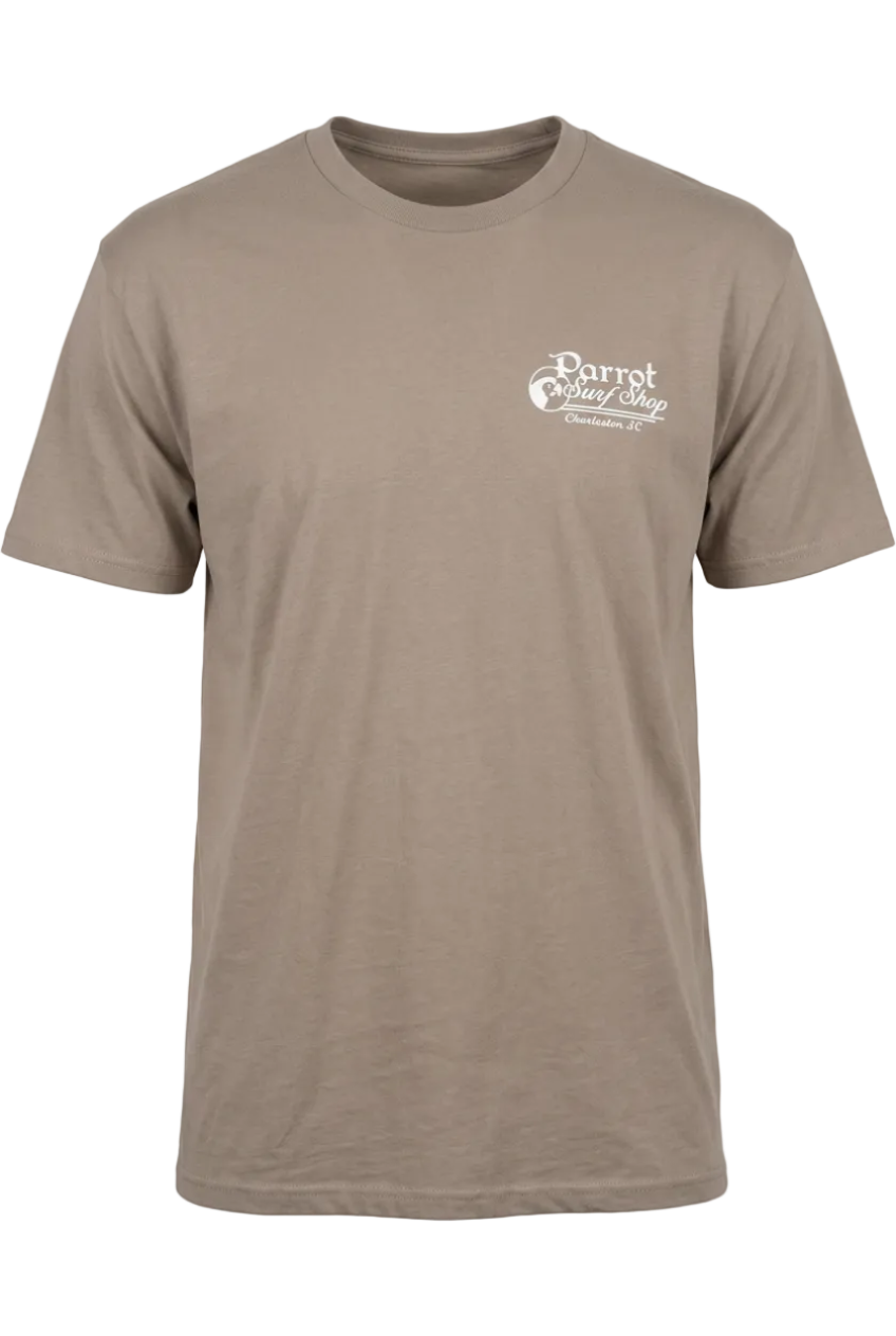 Parrot Surf Shop OG Script Tee front view with chest logo