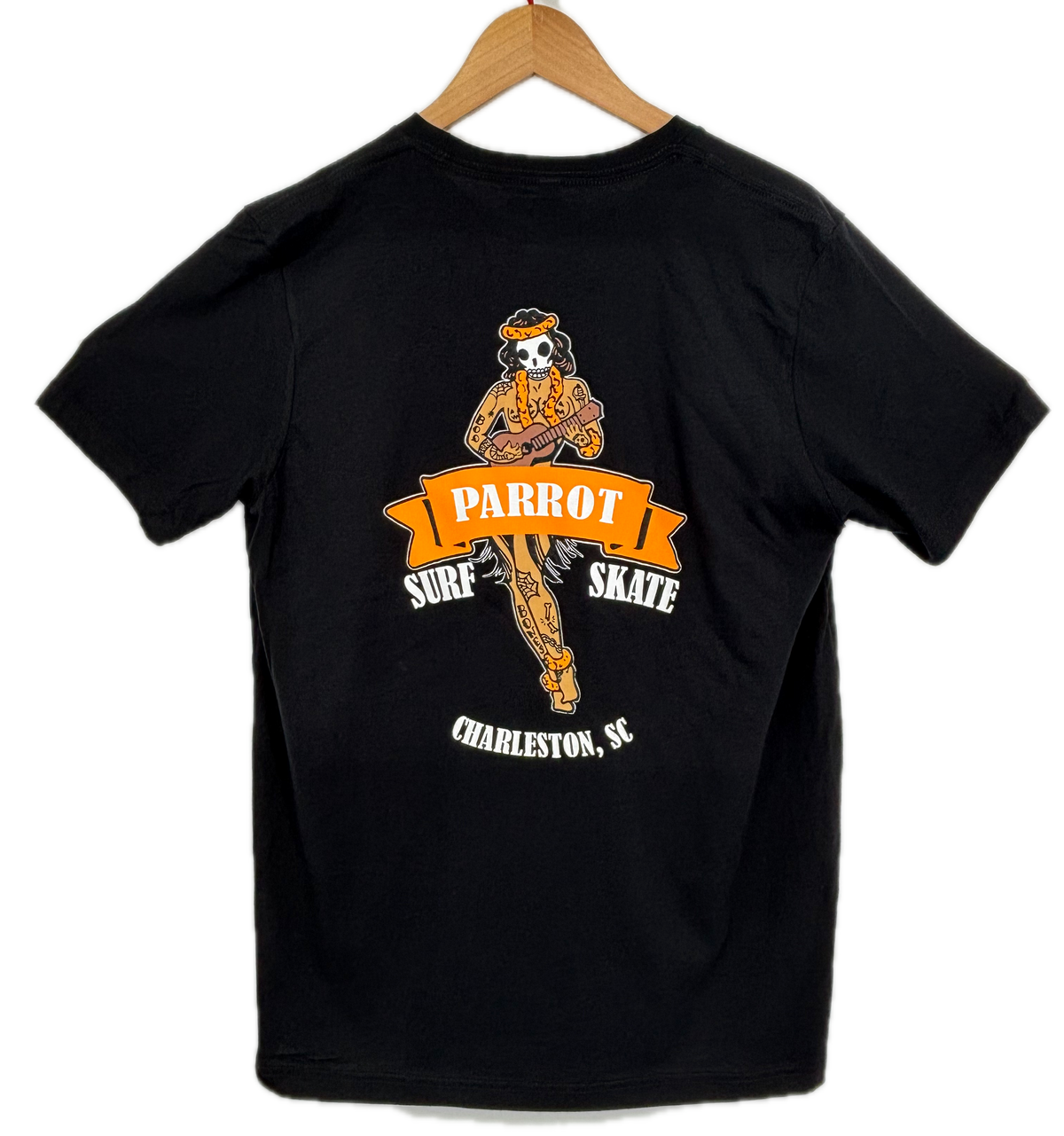 Parrot Surf Shop Hula Girl Halloween tee black with coastal graphic print