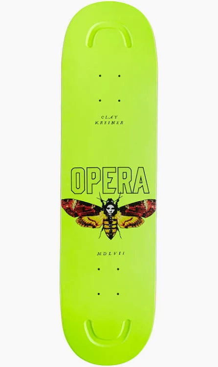 Opera Kreiner Moth 8.5 skateboard deck with neon green background and moth graphic offered by Sidewalk Distribution
