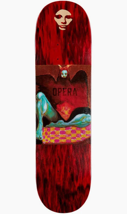 Opera Archangel 8.375 skateboard deck with red wood stain and winged figure graphic offered by Sidewalk Distribution