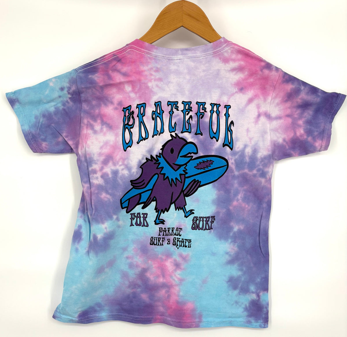 Youth cotton candy tie-dye T-shirt with Grateful for Surf back graphic by Parrot Surf Shop