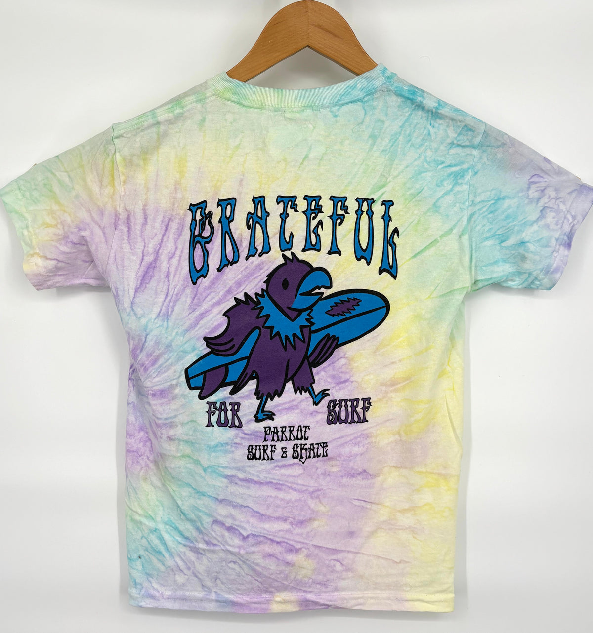 Grateful for Surf youth jellybean tie-dye t-shirt with parrot surfboard back graphic