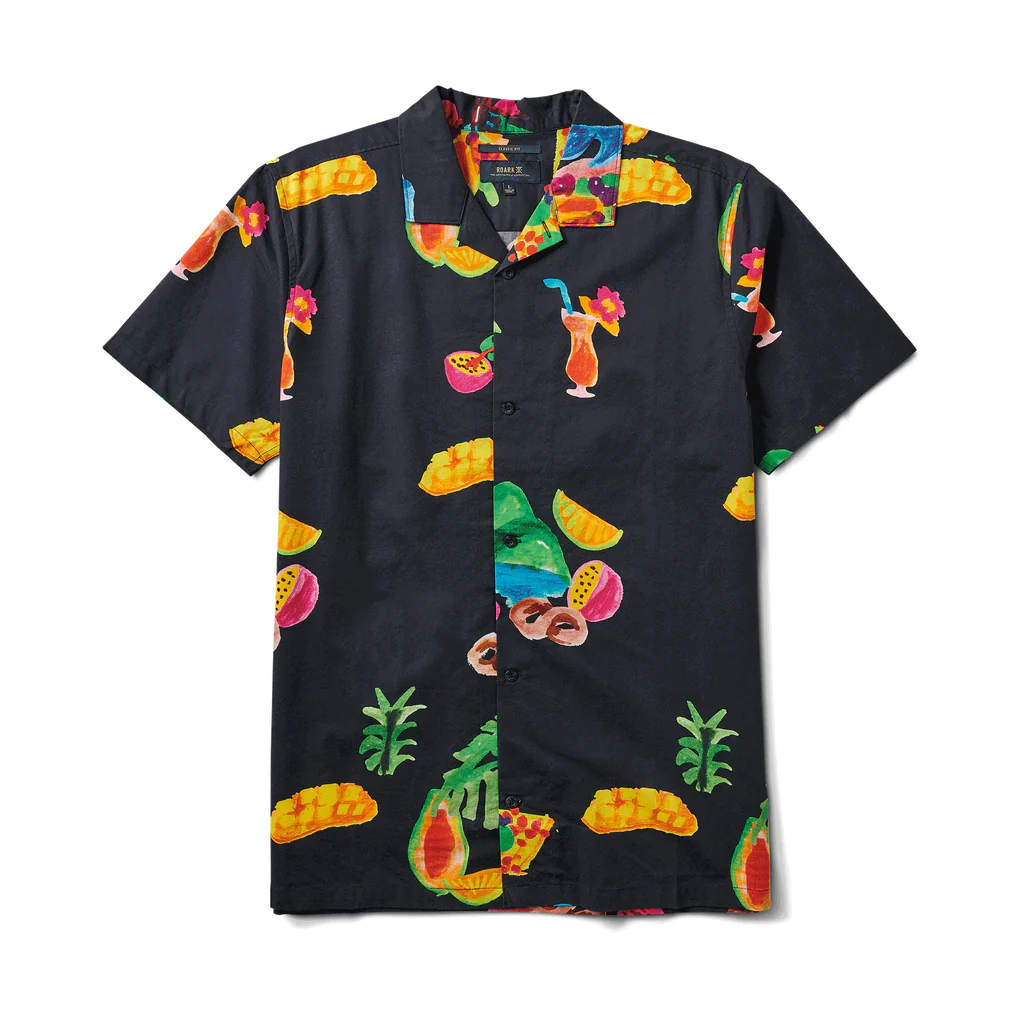 Roark Gonzo Tahiti Treat Woven shirt, black men’s camp collar button up size M