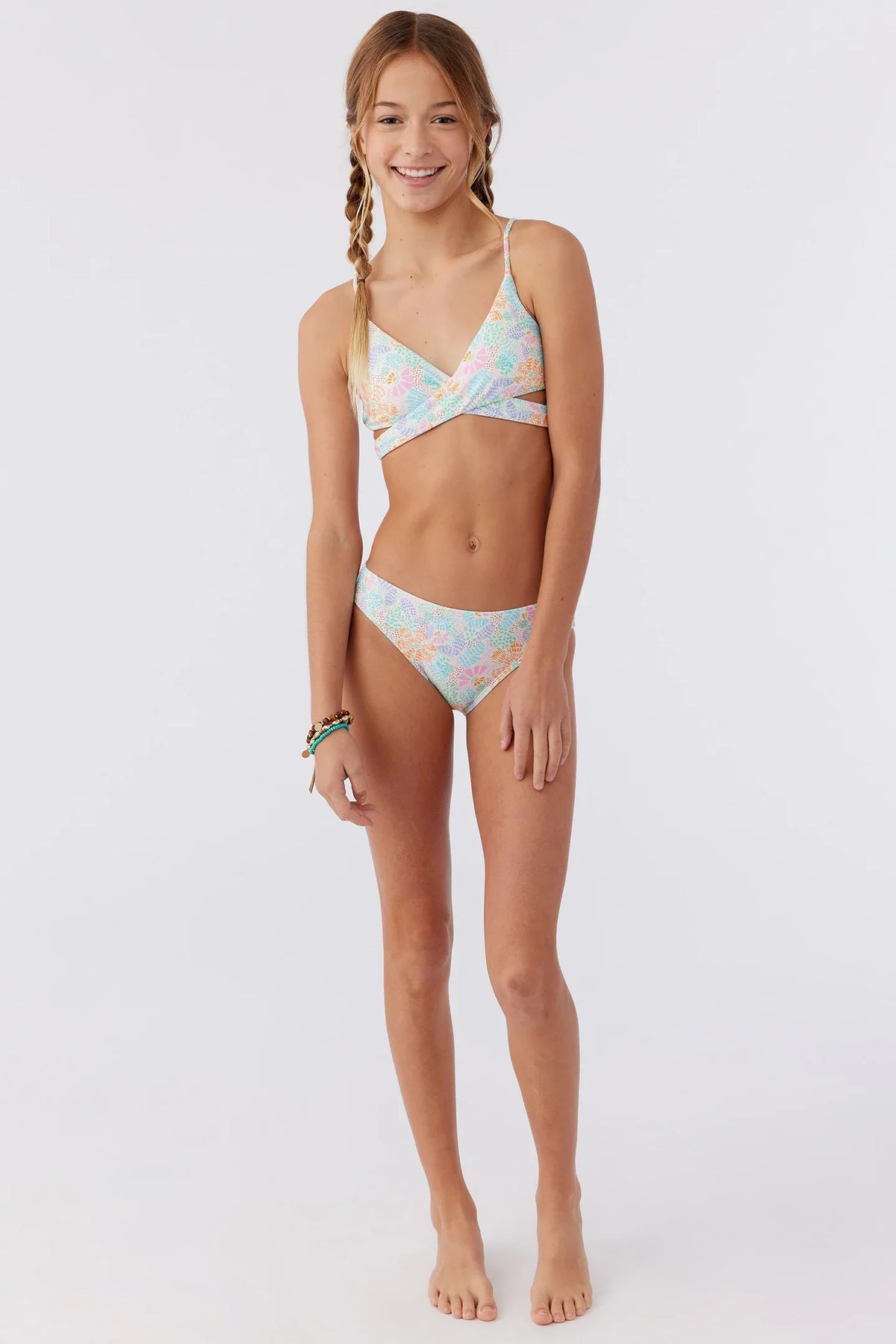 O'Neill Piper Floral Wrap Top Set girls bikini, green floral two piece swimwear size 4
