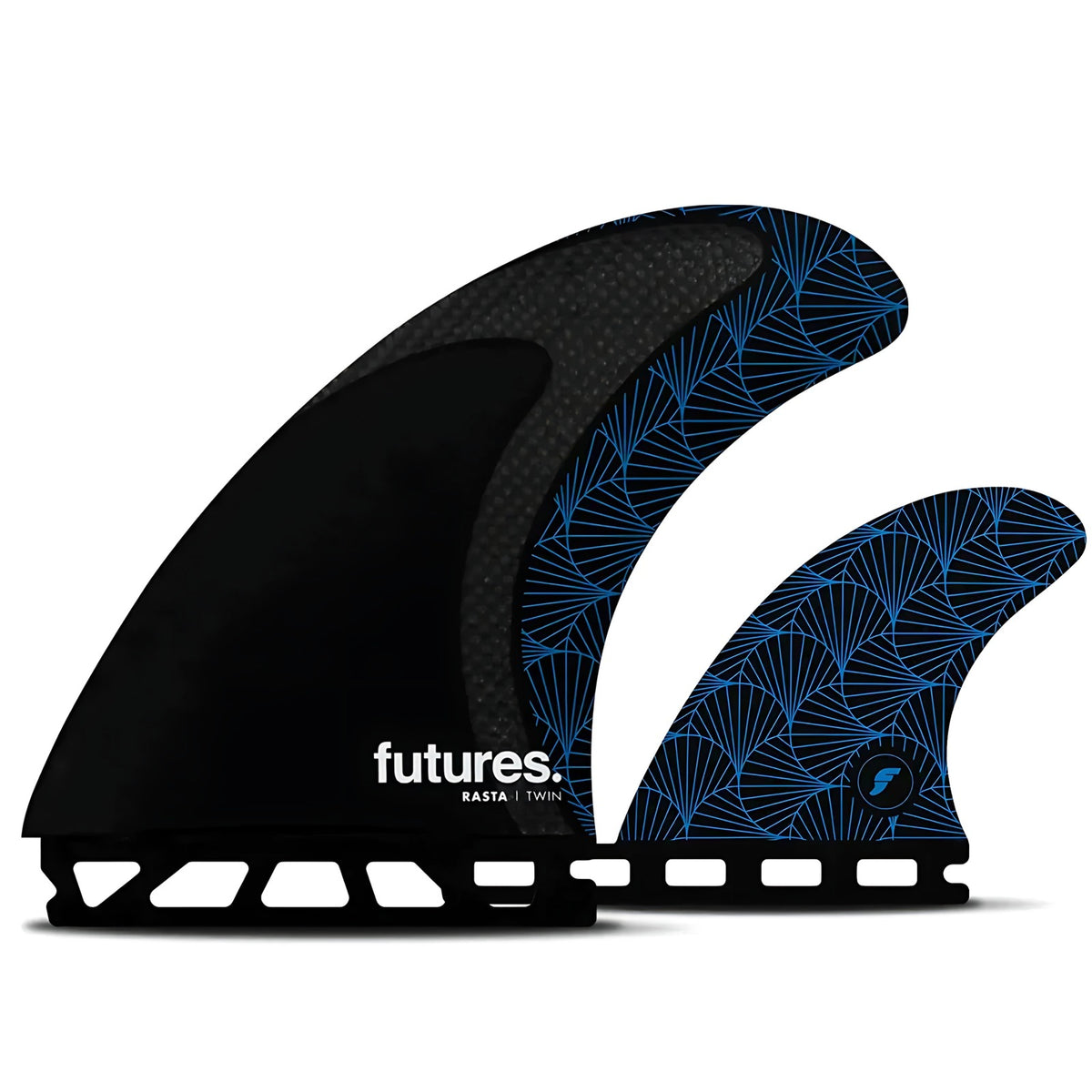 Futures Rasta Twin +1 surfboard fins, black and blue twin fin set