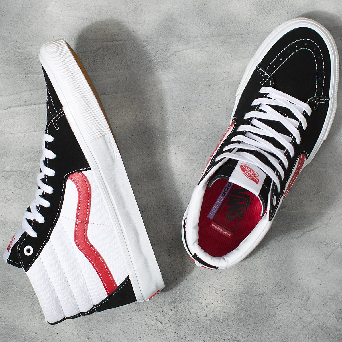 Vans Skate SK8 Hi 458, athletic black and red high top skate shoes size 5.5