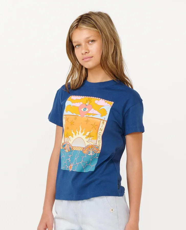 Rip Curl Girls Summer Solstice art tee navy cotton graphic shirt size 8.