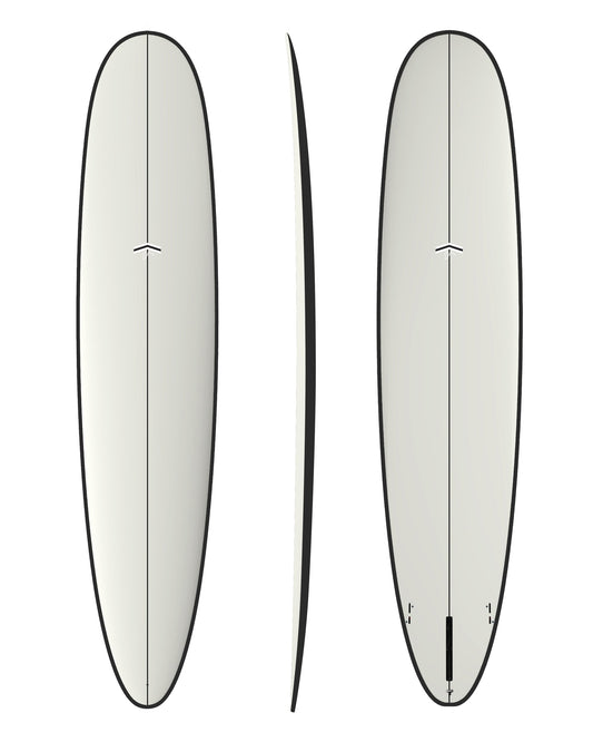 CJ Nelson Designs Parallax Plus 8'3" Thunderbolt Black longboard surfboard, White/Carbon Rail