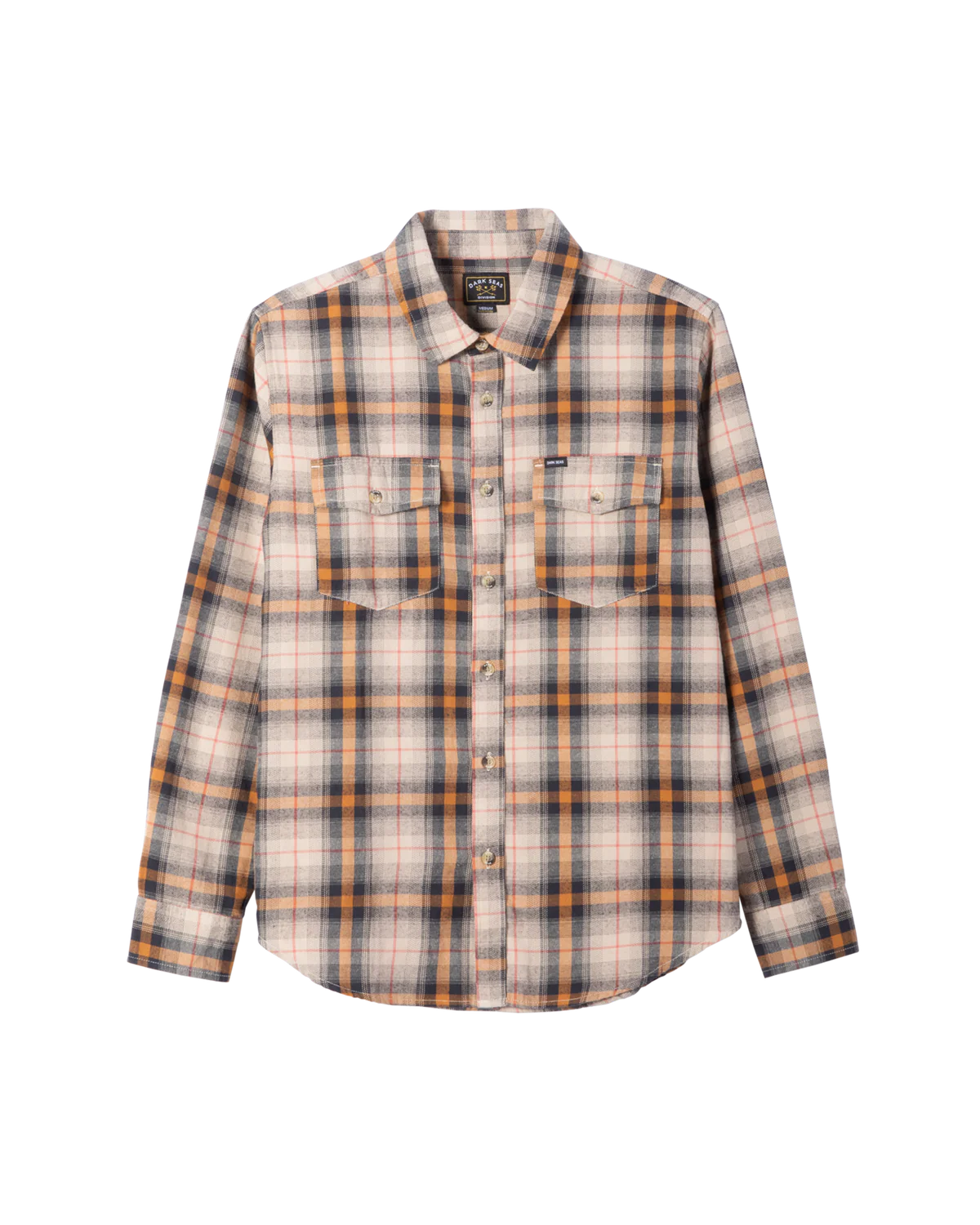 Dark Seas Arrowhead flannel shirt in grey plaid with long sleeves and dual chest pockets 