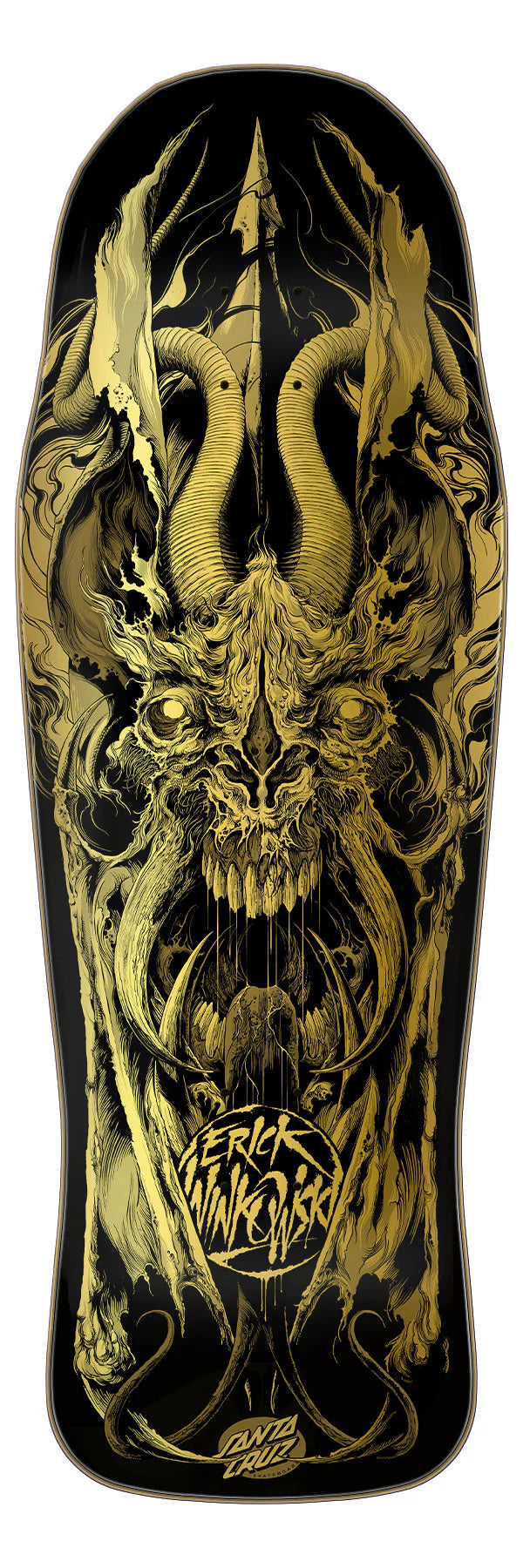 Santa Cruz Winkowski Primeval skateboard deck black gold shaped 10.34 pro model.