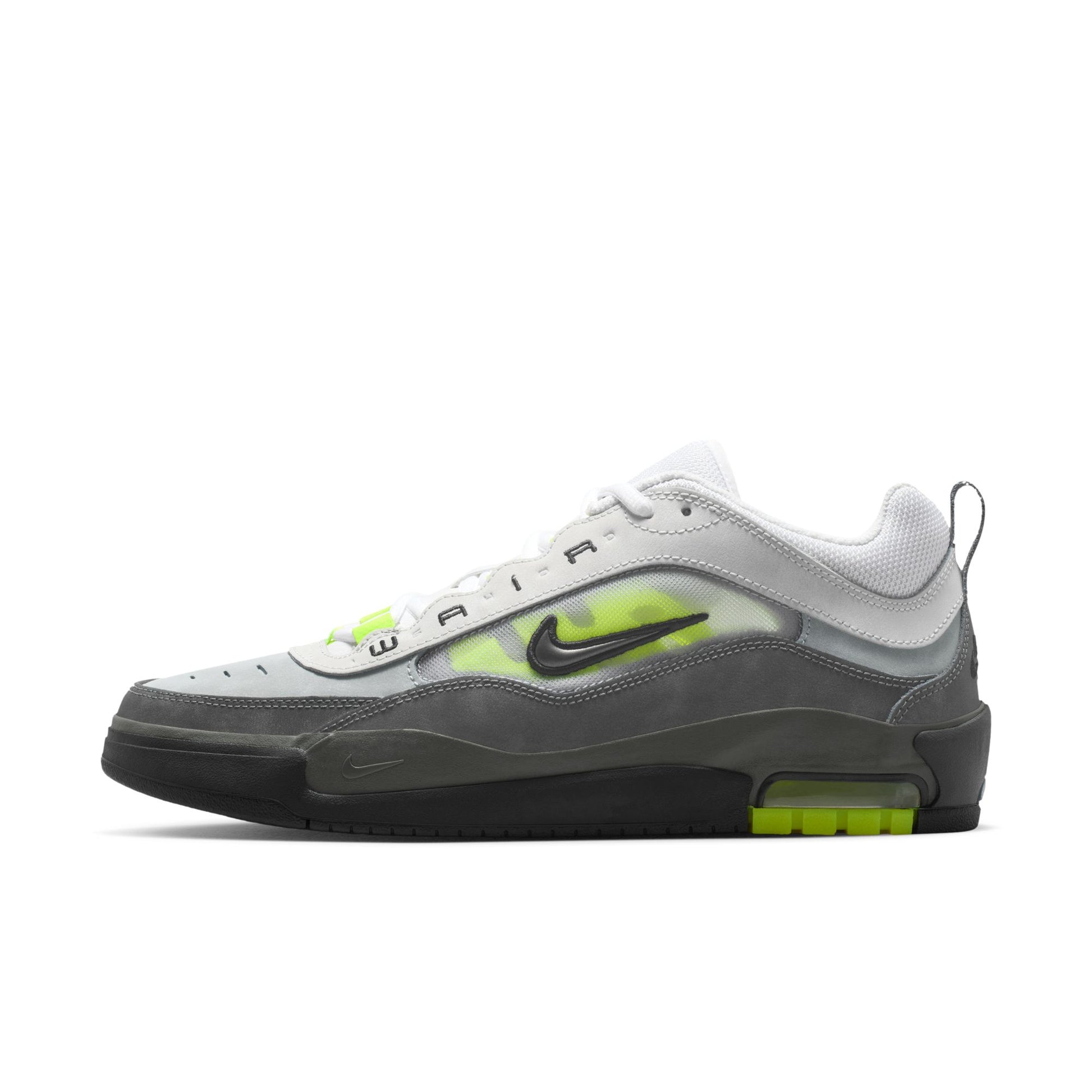 Nike Air Max Ishod Neon skate shoe black angled view with mesh upper and Air Max sole