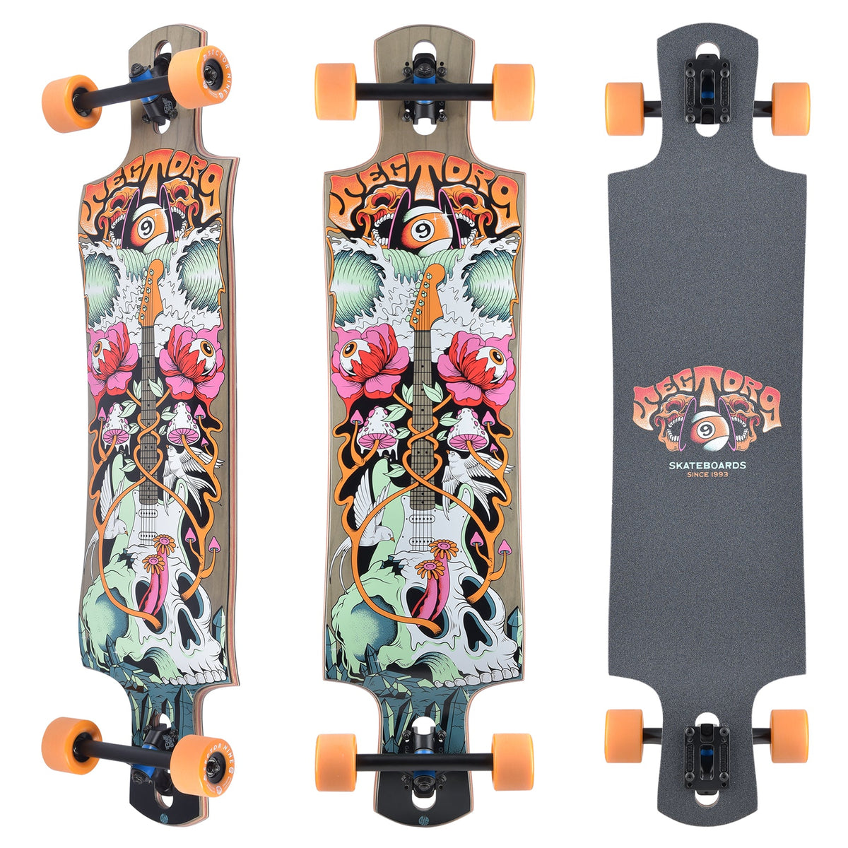 Sector 9 Coachella Catapult 38 inch complete skateboard top and bottom view