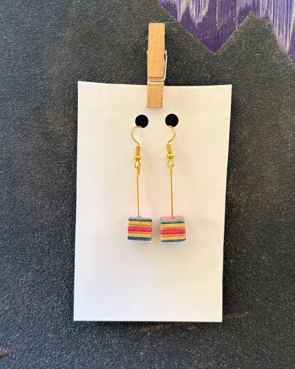 The Cube Drop In: Upcycled Skateboard Dangly Earrings | Eco-Friendly Jewelry, Charleston SC