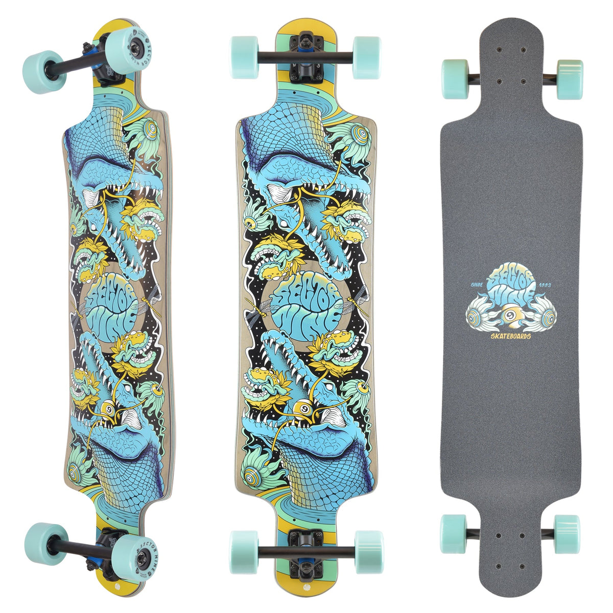 Sector 9 Fault Line Feast 39.5 inch complete skateboard top and bottom view