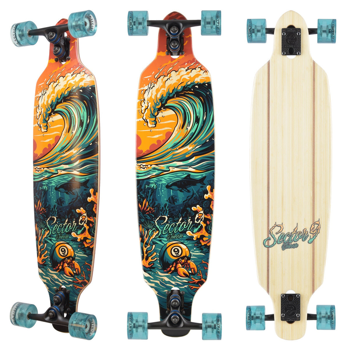 Sector 9 Flipside Fractal 36 inch complete skateboard top and bottom view