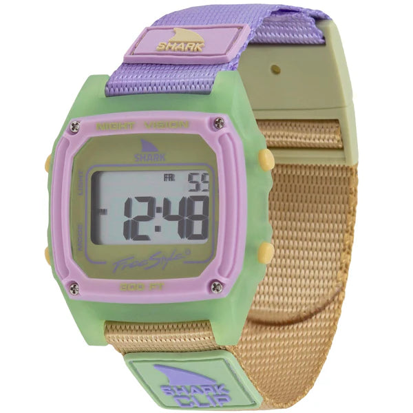 Shark Classic Clip HONEY POP digital watch with pastel green case and blue strap offered by Freestyle