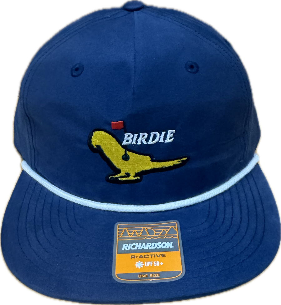Parrot Surf Shop Birdie hat navy flat bill golf cap with embroidered bird logo