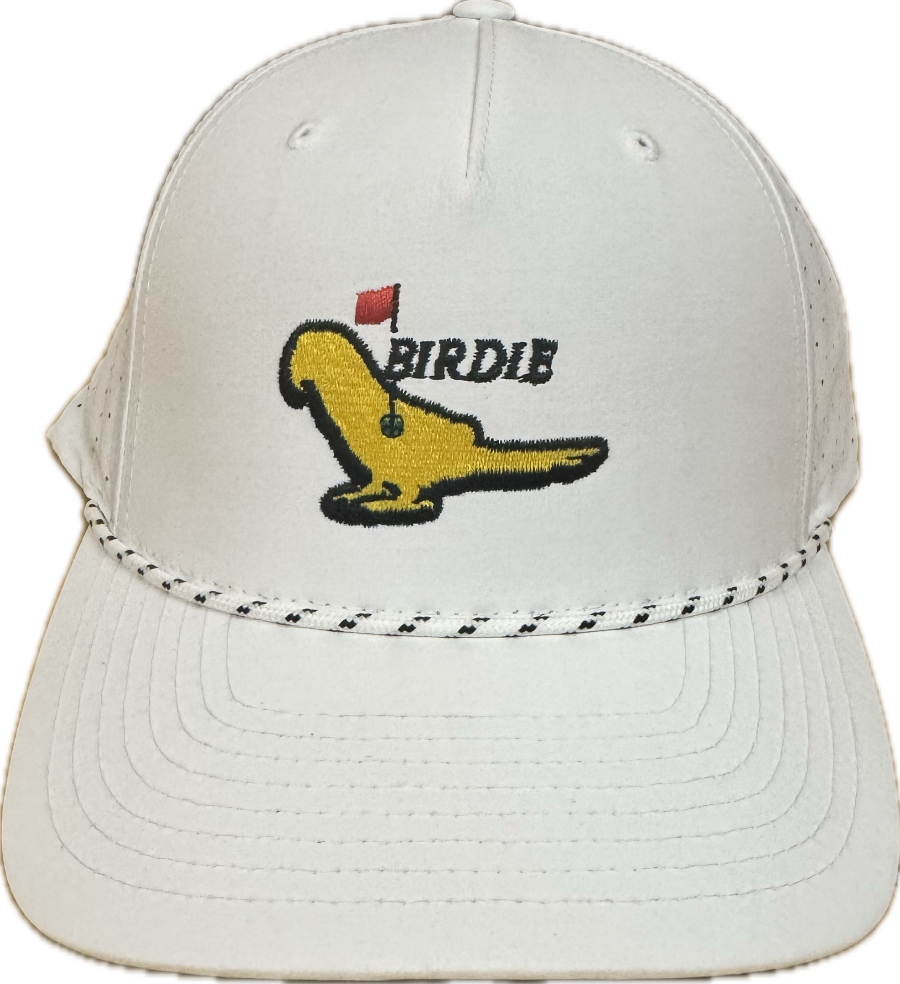 Birdie white rope snapback hat by Parrot Surf Shop with embroidered bird logo