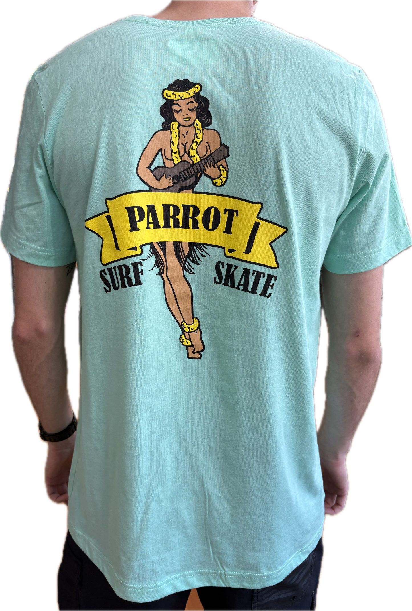 Parrot Surf Shop Hula Girl tee teal unisex tri blend shirt.