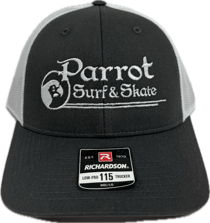 Parrot Surf Shop 115 stitch trucker hat charcoal white adjustable snapback.