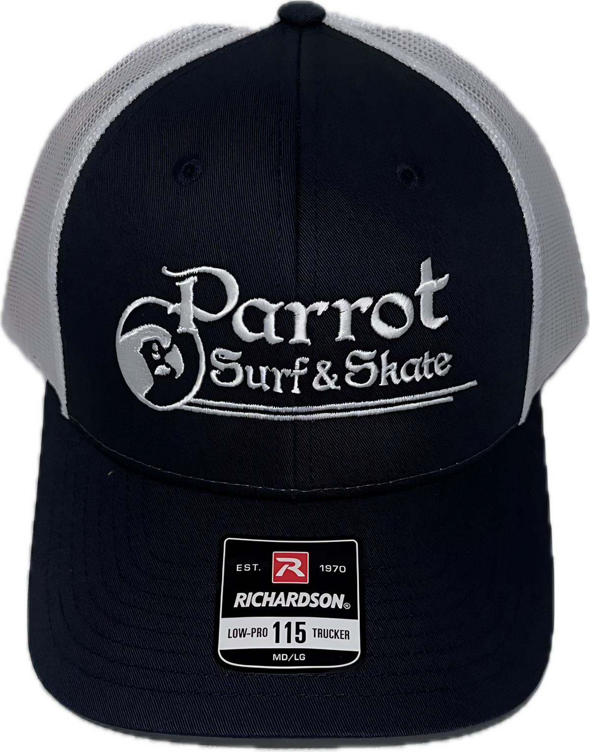 Parrot Surf Shop 115 stitch trucker hat navy white mesh back.