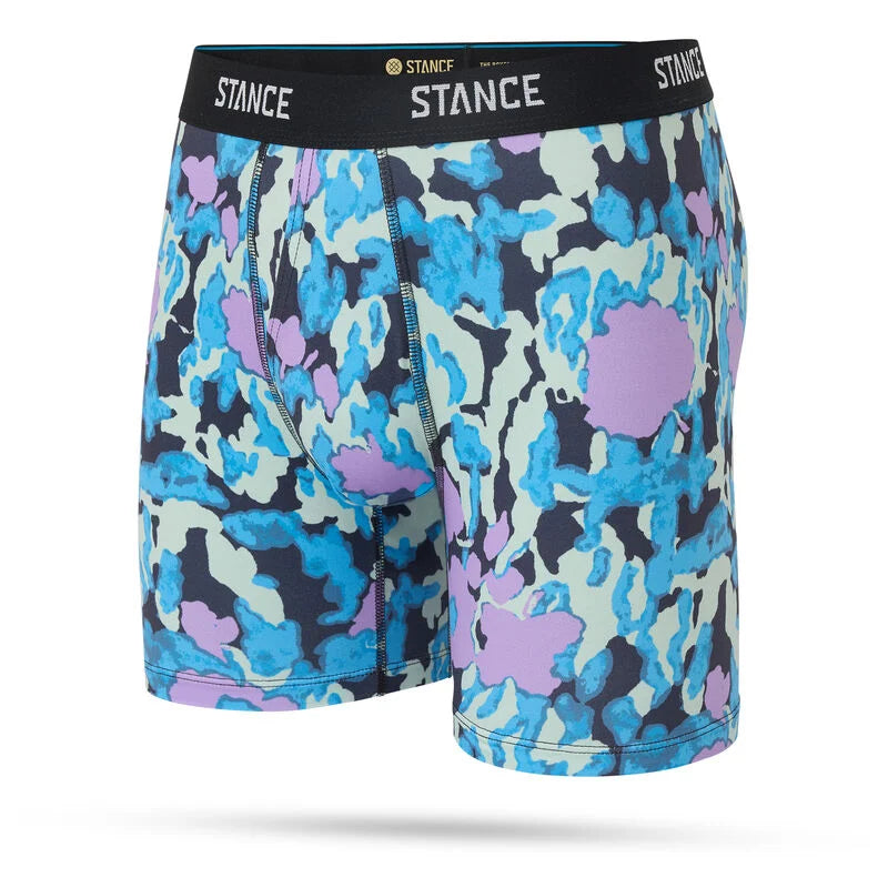 Aster boxer brief with blue and purple camouflage pattern and black logo waistband offered by Stance