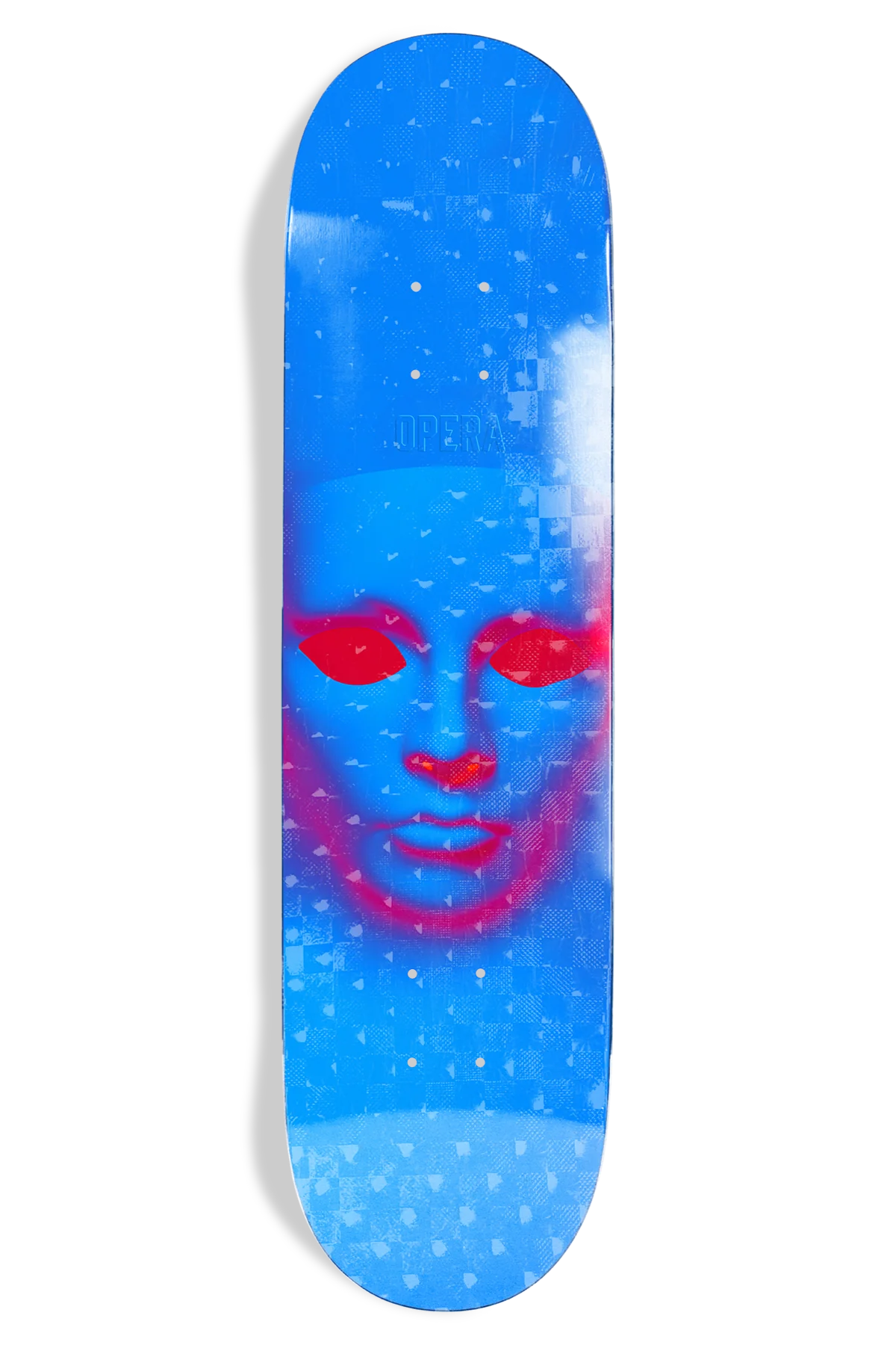 Opera Face 8.25 skateboard deck with blue holographic background and red glowing face graphic by Sidewalk Distribution