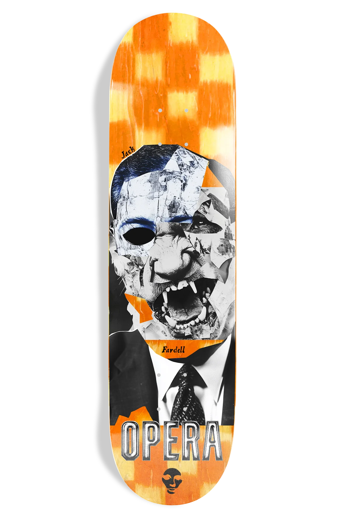 Opera Fardell Politics 8.7 skateboard deck with orange checkered stain and collage face graphic offered by Sidewalk Distribution