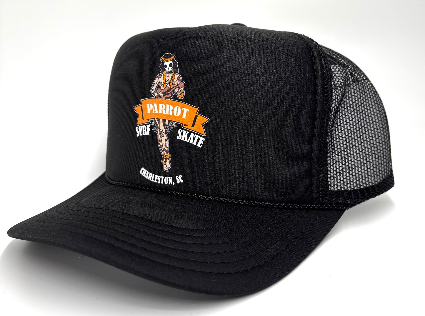 Gorra de camionero de espuma Parrot Surf Shop Hula Girl – Gorra snapback con gráfico costero