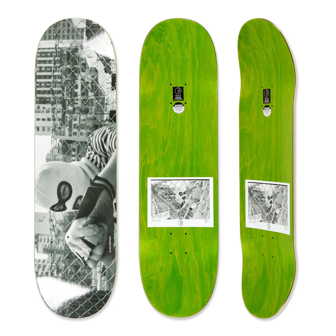 Polar K. Zawisza Hong Kong 8.75 skateboard deck with black and white photo graphic and green woodgrain back offered by Keen