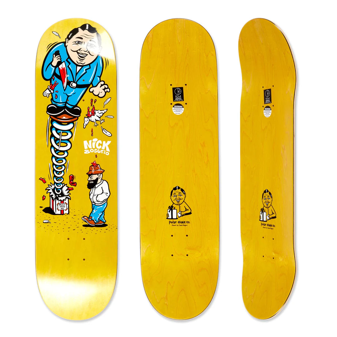 Polar N. Boserio Surprise 8.625 skateboard deck with cartoon jack-in-the-box graphic on yellow background offered by Keen