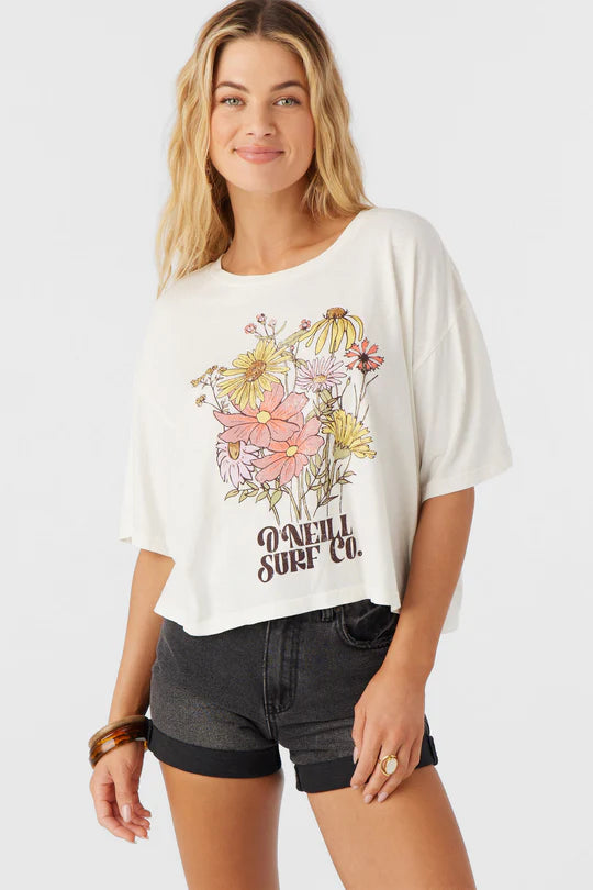 O’Neill Bouquet women’s oversized crop tee in white cotton graphic t shirt