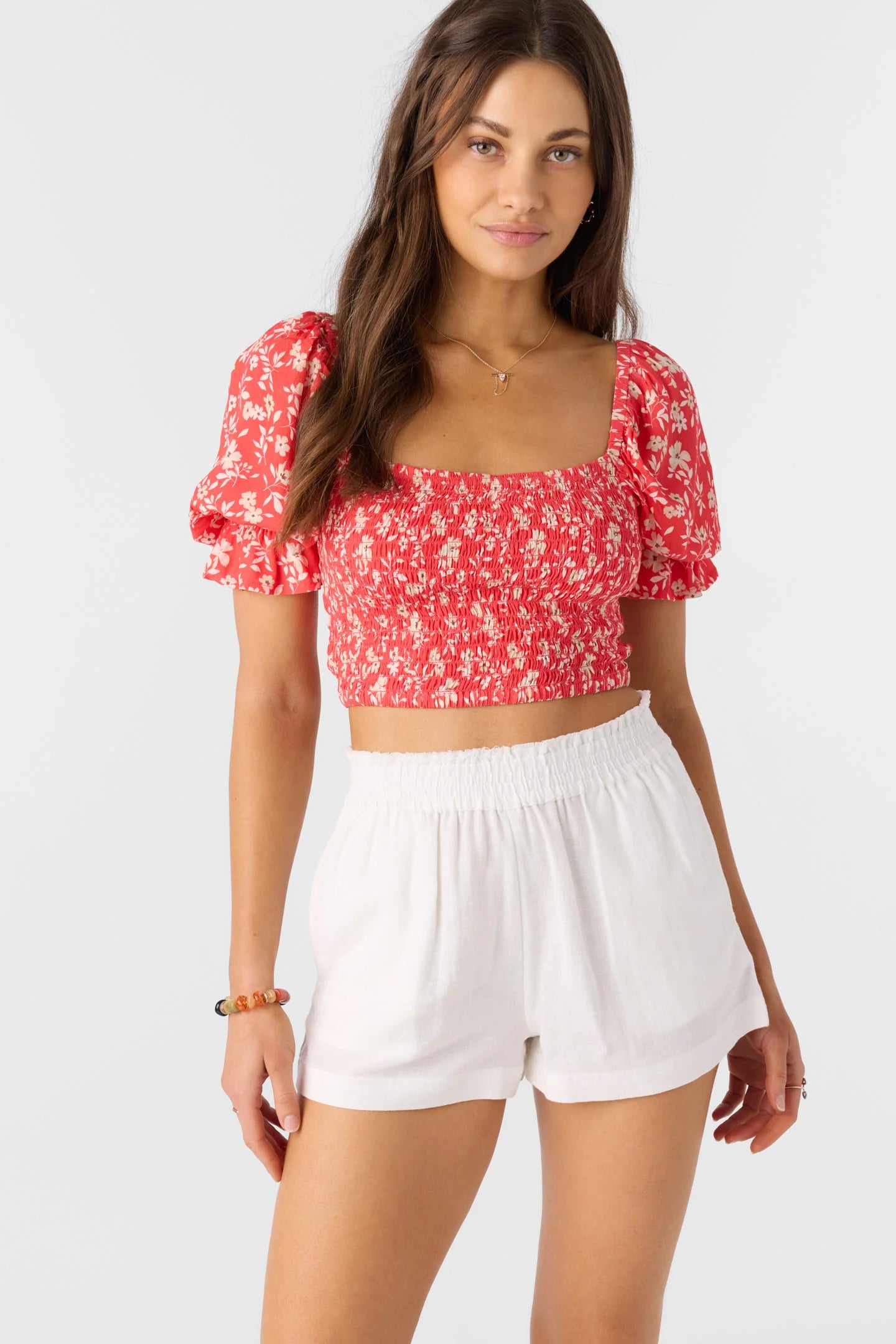 O’Neill Lorna smocked crop top cayenne puff sleeve blouse