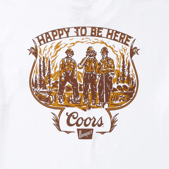 Close-Up back view of Seager x Coors Banquet Hotshots white men's graphic t-shirt with large firefighter illustration