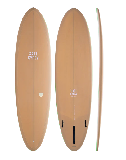 Salt Gypsy x Cynthia Rowley Mid Tide 7'8" PU mid-length surfboard, Camel