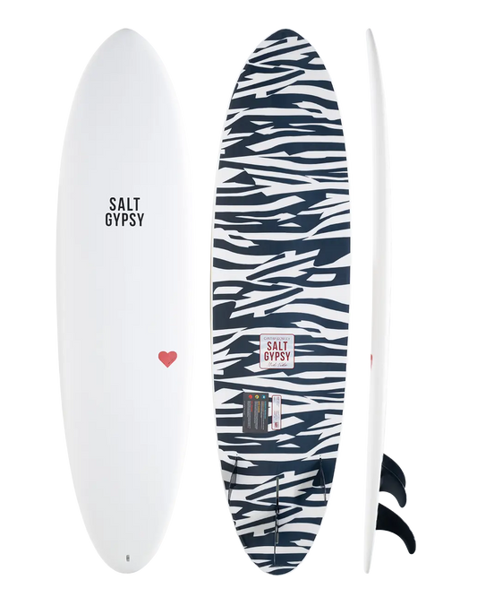 Salt Gypsy x Cynthia Rowley Mid Tide 7'0" epoxy soft surfboard, Shark Deterrent print