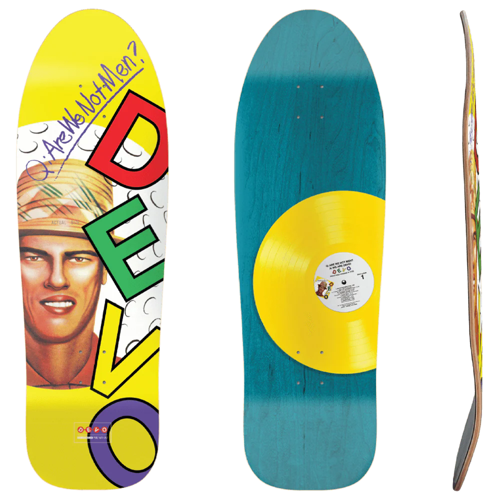 DEVO Are We Not Men 9.75 inch skateboard deck with yellow album artwork and yellow vinyl record top graphic offered by Eastern Skateboard Supply